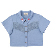 Blue Linen Mushroom Fringe Blouse