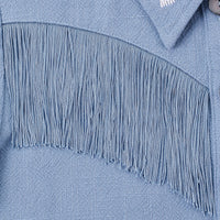Blue Linen Mushroom Fringe Blouse