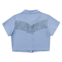 Blue Linen Mushroom Fringe Blouse
