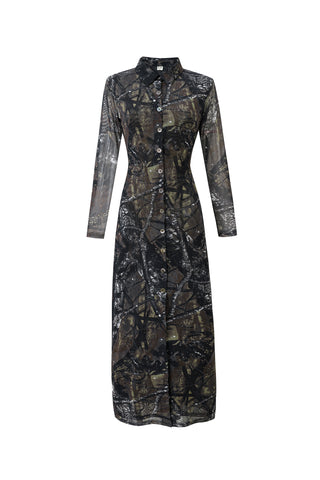 Forest Camo Mesh Long Sleeve Button Dress