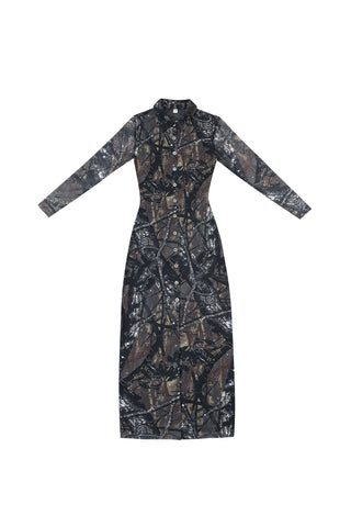 Forest Camo Mesh Long Sleeve Button Dress