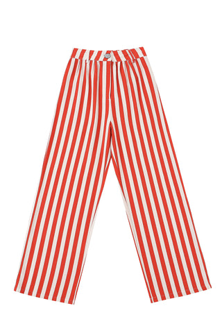 Straight Leg Trousers Thick Linen Red Stripe