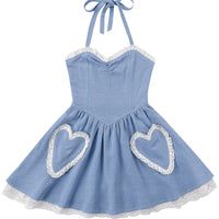 Sweetheart Linen halter Dress Light Blue
