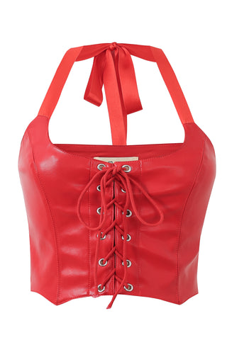 Lace Up Halter Top Plant Leather Red