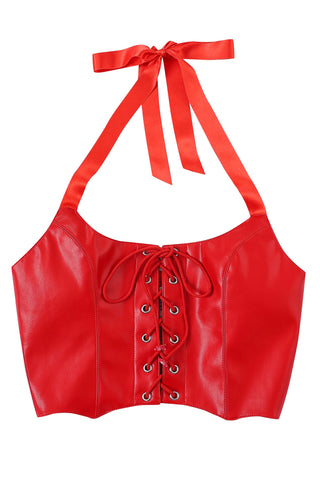 Lace Up Halter Top Plant Leather Red