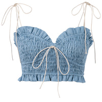 Smocked linen Crop Top Light Blue