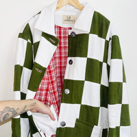#9 M/L Scrap Chessboard Quilted Coat Moss/White