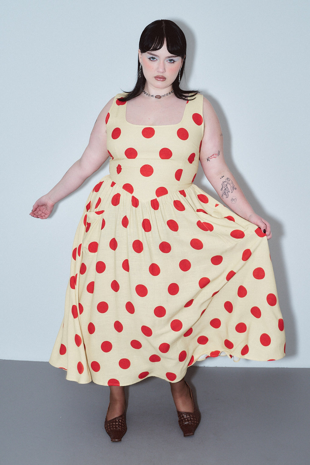 Tradwife Soft Linen Dress Red/Yellow Polka Dot L / Red/Yellow Polka Dot Tradwife Soft Linen Dress Red/Yellow Polka Dot L / Red/Yellow Polka Dot