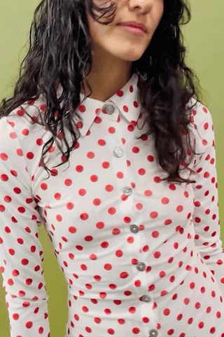 Red Polka Dot Mesh Long Sleeve Button Dress