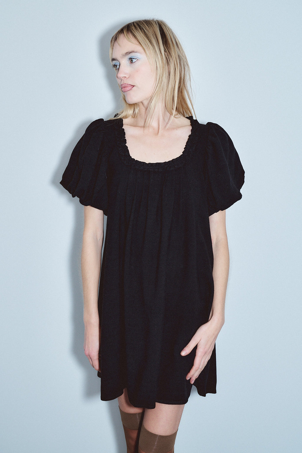 Soft Linen Babydoll Mini Dress Black M / Black