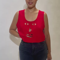 Red Linen Face Cut Out Tank