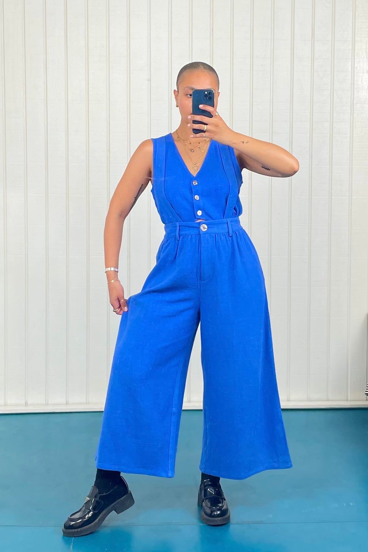 French Blue Suspender Linen Wide Leg Trousers