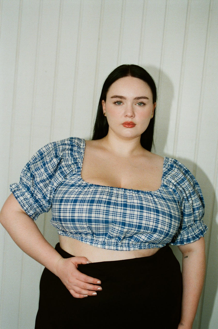 Kenna is wearing the 2X in the sold out blue plaid version