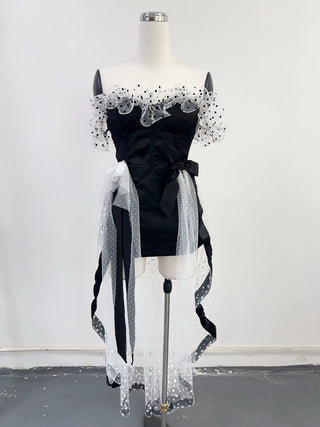 SAMPLE #291 - S Jonbenet Tulle Polka Dot Mini Ruffle Prom Dress - Black/White