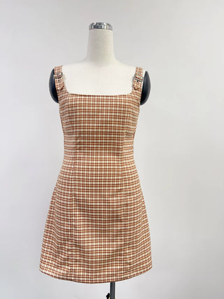 SAMPLE #292 - S Plaid Buckle Strap Mini Dress - Brown