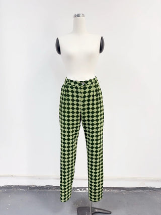 SAMPLE #295 - S Green Checkerboard Pleated Trousers - Green / White