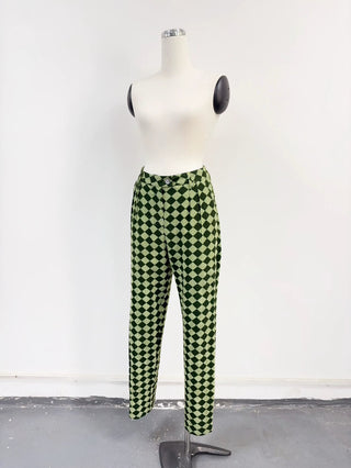 SAMPLE #295 - S Green Checkerboard Pleated Trousers - Green / White