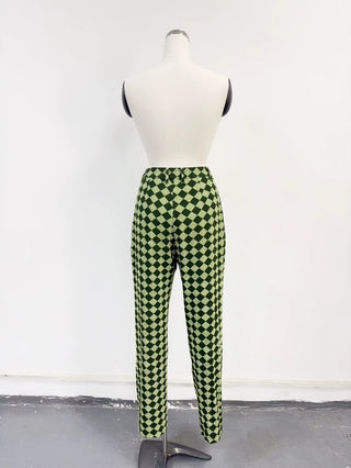 SAMPLE #295 - S Green Checkerboard Pleated Trousers - Green / White