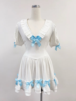SAMPLE #296 - S Soft Linen Ruffle Dress W/ Ribbons - White/Blue