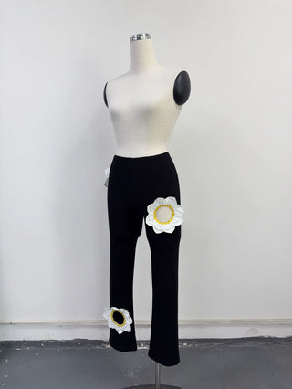 SAMPLE #302 - S Flower Cutout Tencel Rib Lounge Pants - Black
