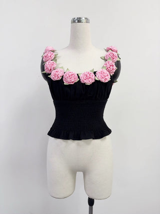 SAMPLE #303 - S Pink Rose Fantasia Linen Smocked Blouse - Black / Pink