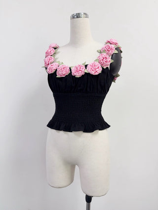 SAMPLE #303 - S Pink Rose Fantasia Linen Smocked Blouse - Black / Pink