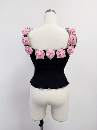 SAMPLE #303 - S Pink Rose Fantasia Linen Smocked Blouse - Black / Pink