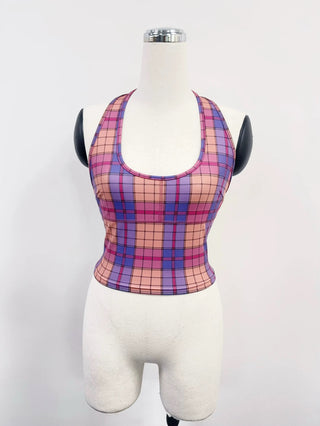 SAMPLE #306 - S Halter Neck Yoga Tank Top - Purple Plaid
