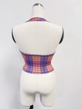 SAMPLE #306 - S Halter Neck Yoga Tank Top - Purple Plaid