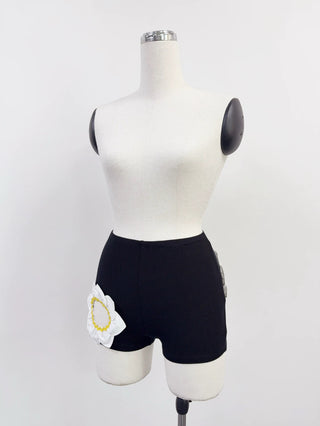 SAMPLE #312 - S Flower Cutout Tencel Rib Short Shorts - Black