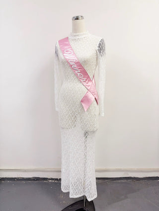 SAMPLE #315 - XS/S Sheer Lace Winner Sash Long Sleeve Maxi Dress - White
