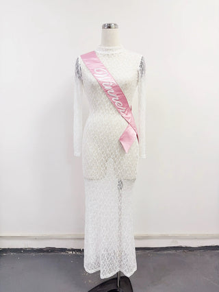 SAMPLE #315 - XS/S Sheer Lace Winner Sash Long Sleeve Maxi Dress - White