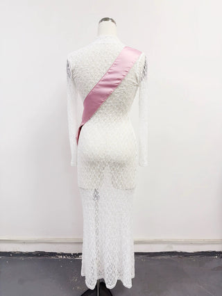 SAMPLE #315 - XS/S Sheer Lace Winner Sash Long Sleeve Maxi Dress - White