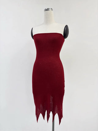SAMPLE #316 - S Wool Blend Tattered Hem Tube Dress - Maroon