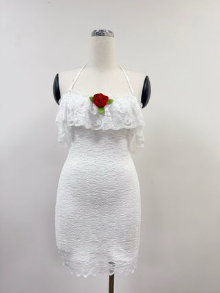 SAMPLE #317 - S Red Rose Lace Halter Mini Dress - White