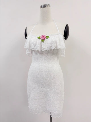 SAMPLE #318 - S Pink Rose Lace Halter Mini Dress - White