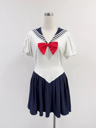 SAMPLE #322 - S Soft Linen Sailor Moon Mini Dress - White / Navy