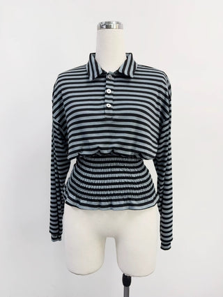 SAMPLE #324 - S Smocked Waist Long Sleeve Polo Shirt - Blue Stripe