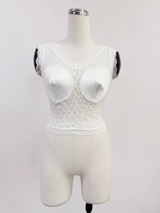 SAMPLE #337 - S Sheer Lace Cone Boob Tank Top - White