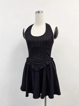 SAMPLE #339 - S Tencel Stripe Halter Mini Dress - Black