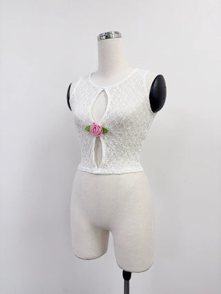 SAMPLE #340 - S Sheer Lace Pink Rose Cutout Tank Top - White