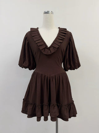 SAMPLE #348 - S Soft Linen Ruffle Dress - Brown