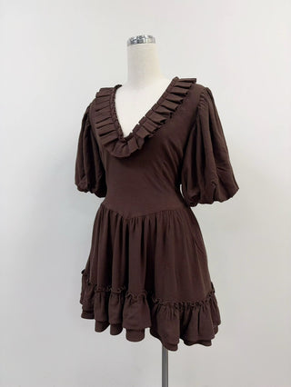 SAMPLE #348 - S Soft Linen Ruffle Dress - Brown