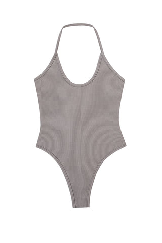 Tencel Rib Thong Halter Bodysuit Gray