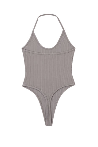 Tencel Rib Thong Halter Bodysuit Gray