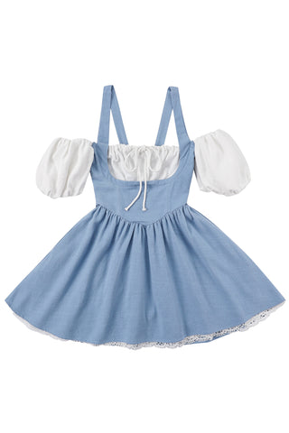 Busty Milk Maid Linen Mini Dress Light Blue