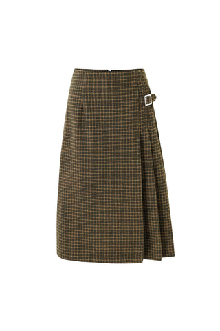 Moss Plaid Wool Blend Midi Skirt