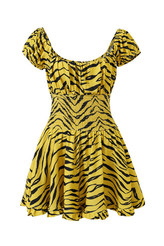 Smocked Waist Soft Linen Mini Dress Tiger Stripe