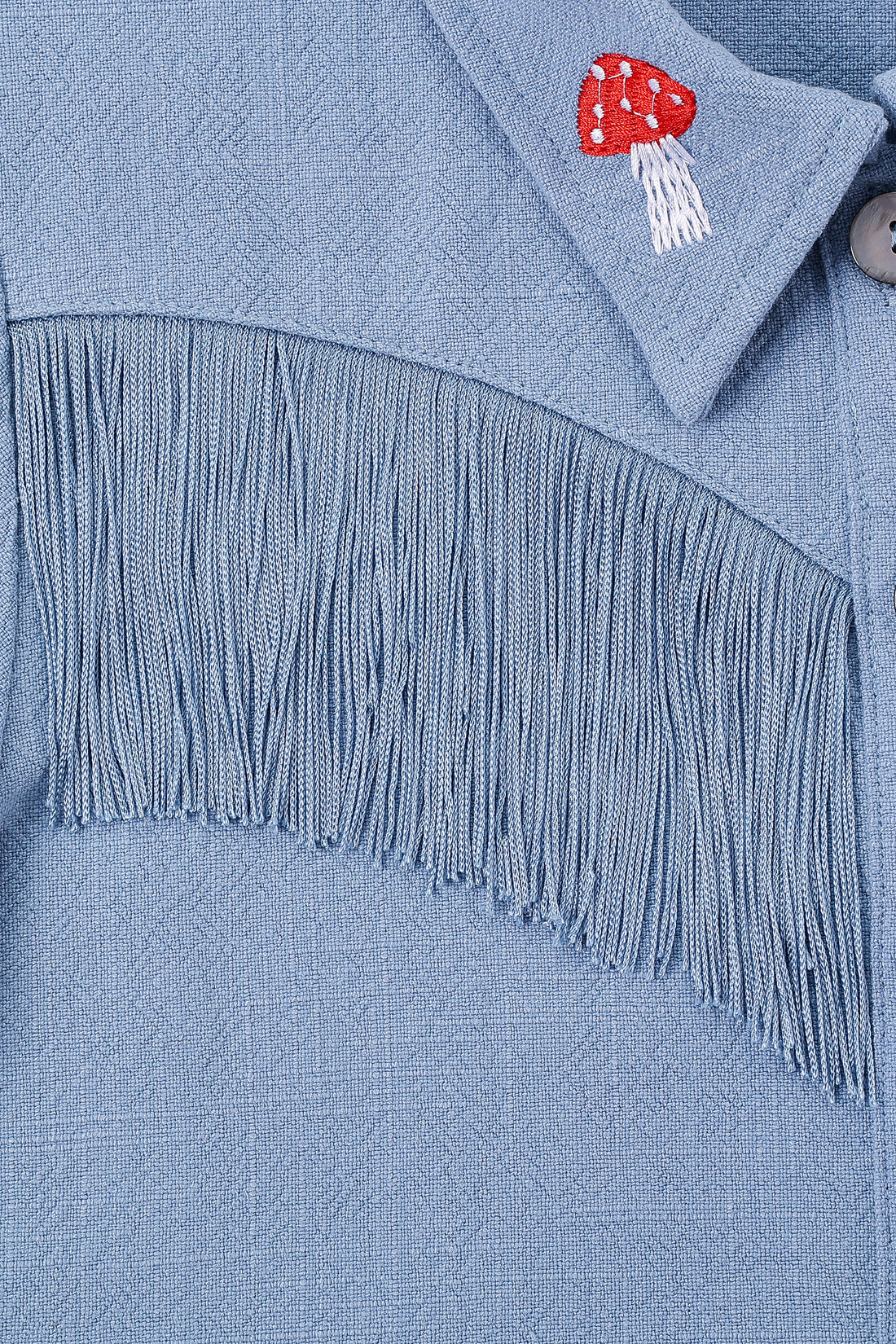 Blue Linen Mushroom Fringe Blouse
