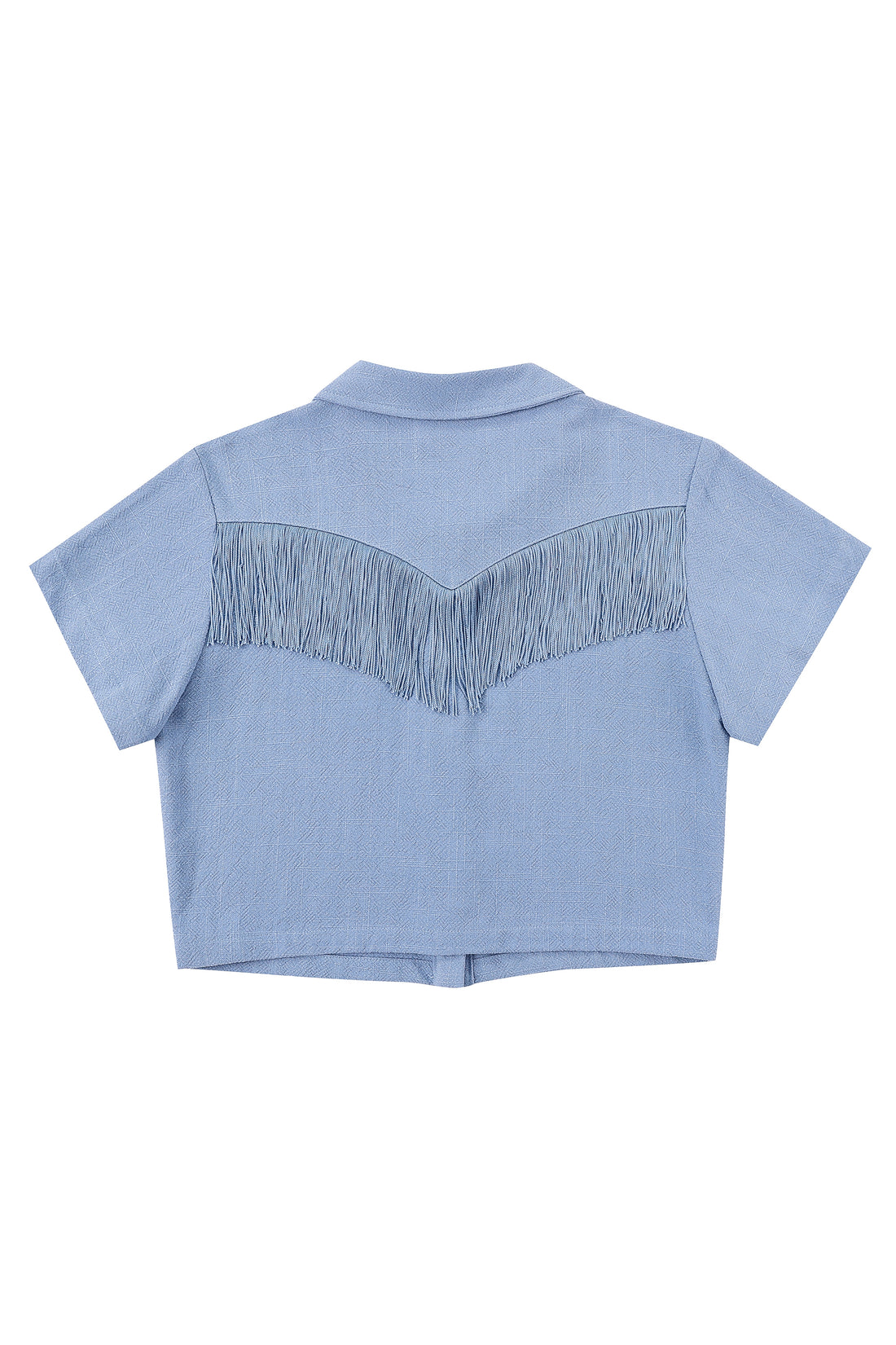 Blue Linen Mushroom Fringe Blouse